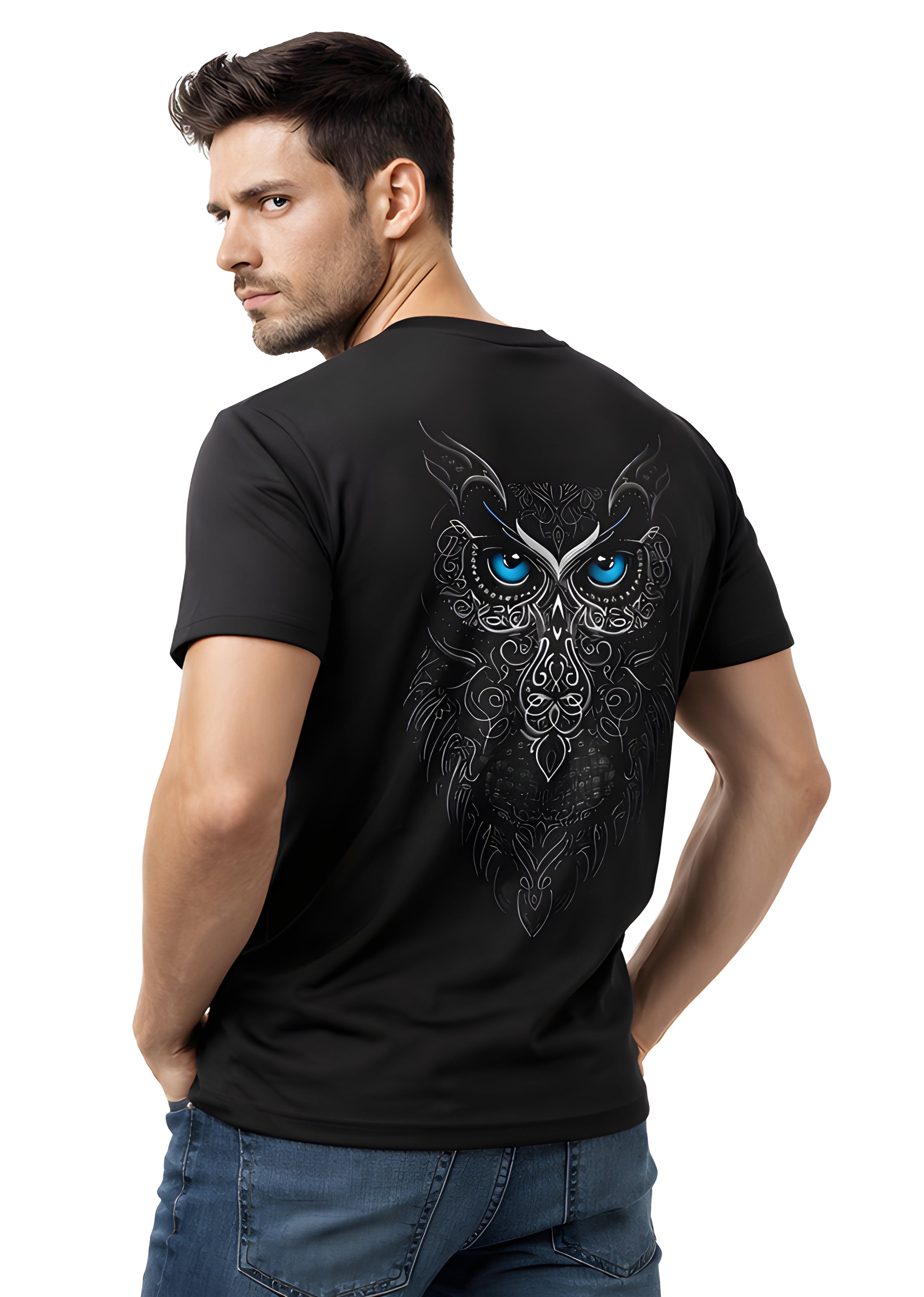 Dark Vision Owl Graphic T-Shirt – Minimal Front, Bold Back Design